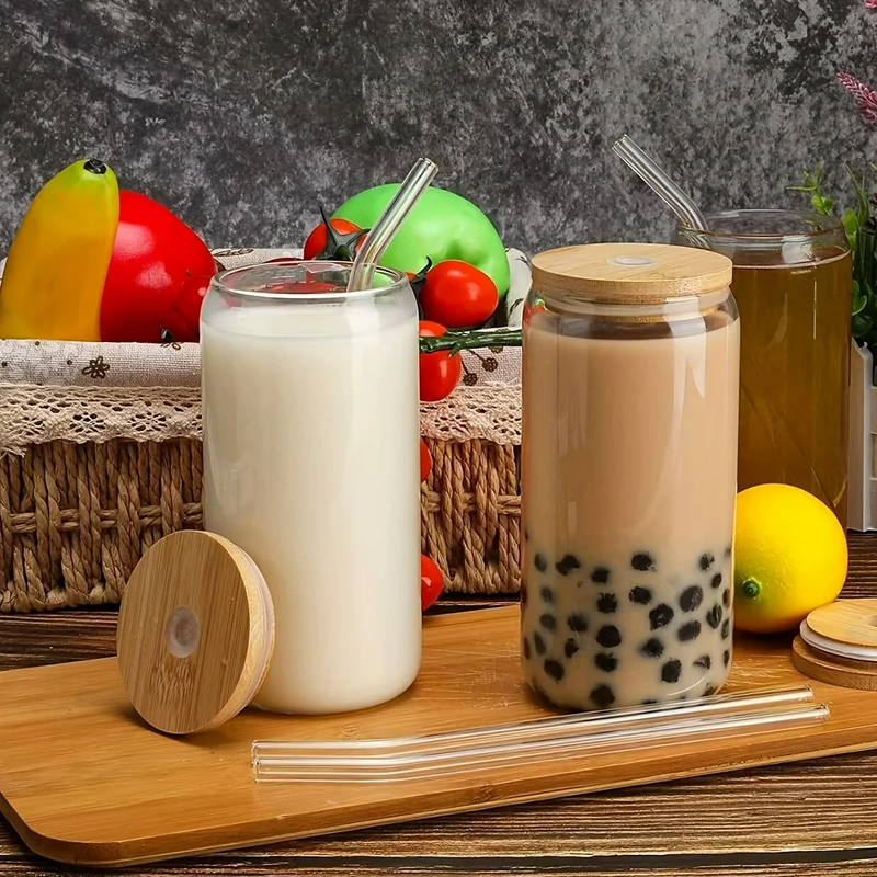 Kit Copo Minimalista com Tampa de Bambu 500ml - 2 ou 4 peças