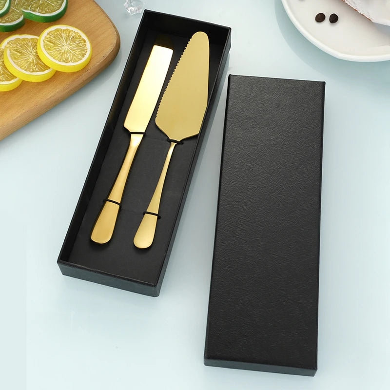 Kit Faca e Espátula para Bolo em Aço Inox Dourado