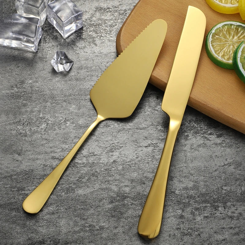 Kit Faca e Espátula para Bolo em Aço Inox Dourado
